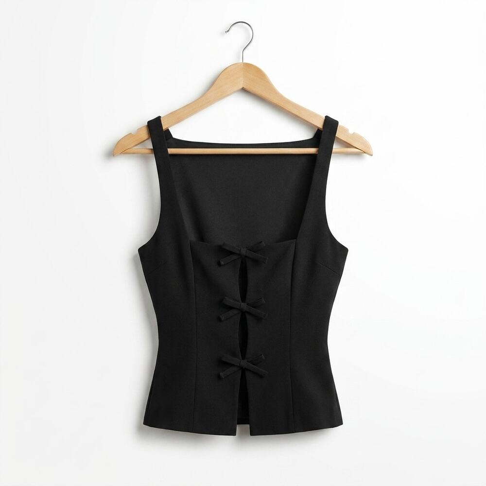 Zara Black Bow-Front Corset Vest Top Size S NWT Structured Sleeveless Peplum